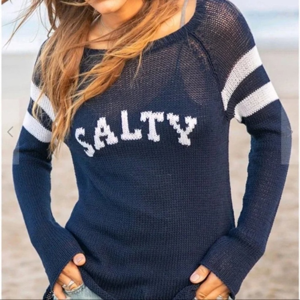 Wooden Ships Navy Sweater with White 'SALTY' Text